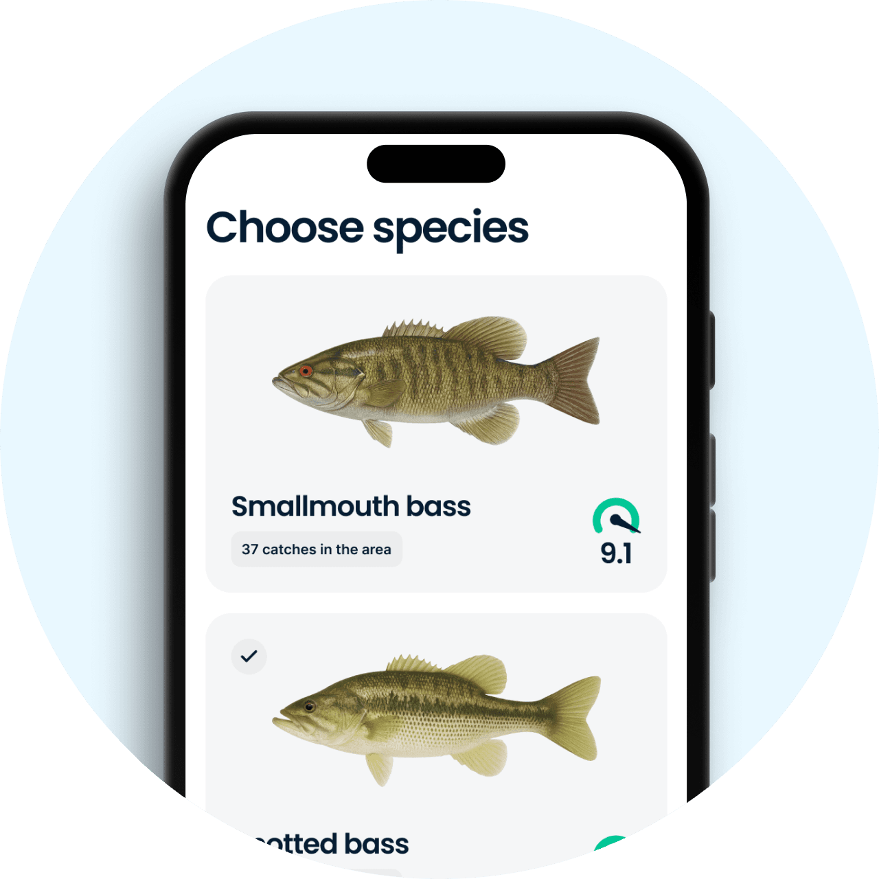 Pick a species in the Fishbrain app to see how it reacts to current conditions