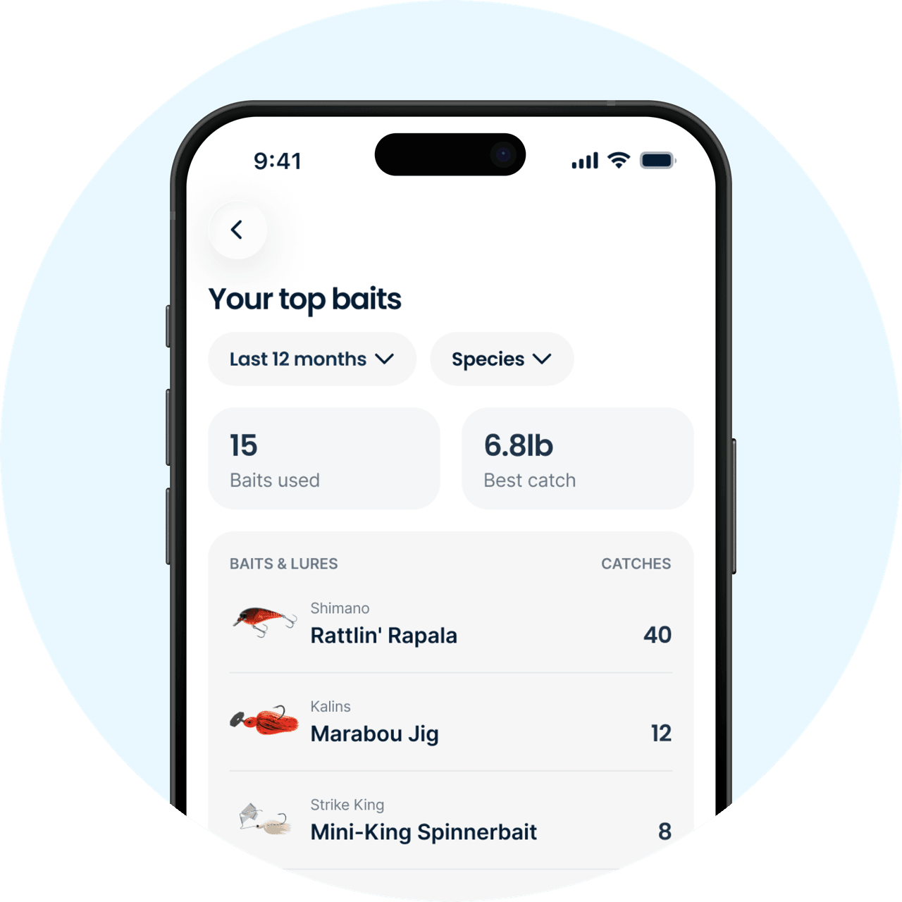 Top baits ranked by catch count in the Fishbrain app