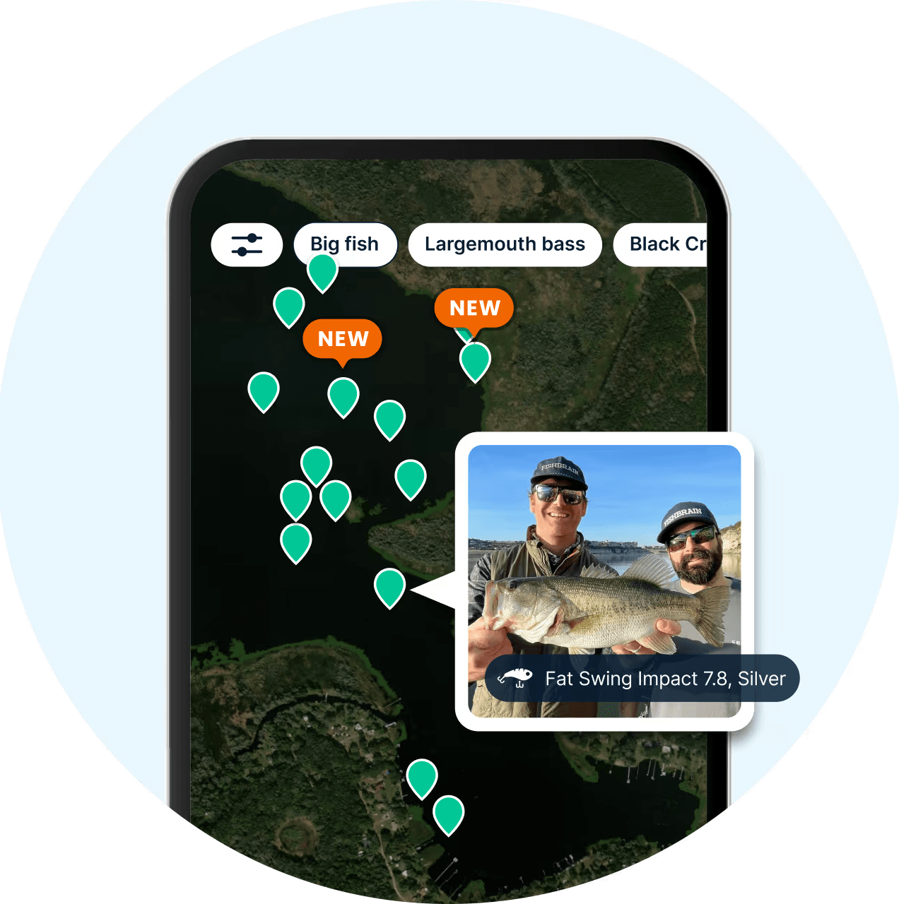 Map of catch positions and a shared catch post in the Fishbrain app