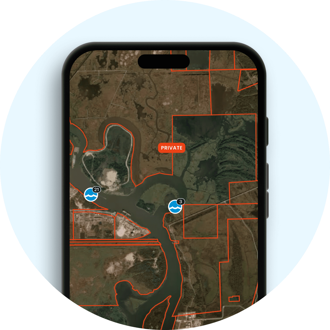 Private land boundaries and landowner information in the Fishbrain app