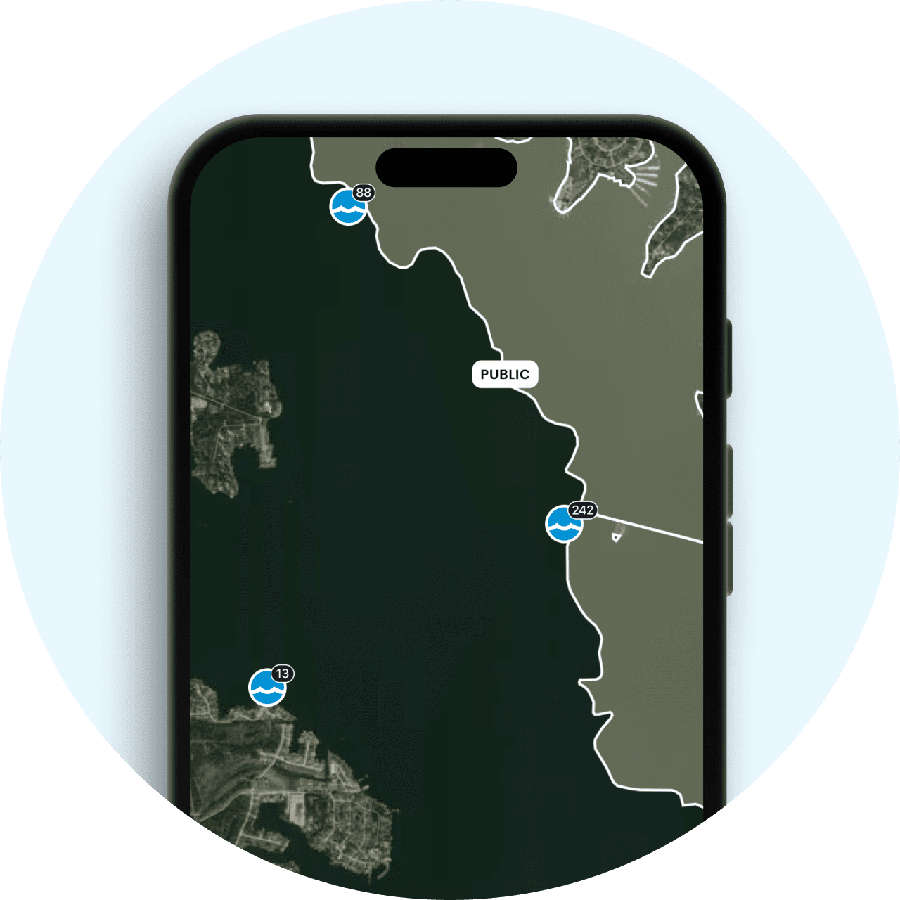 Parks and government lands displayed on the Fishbrain app map