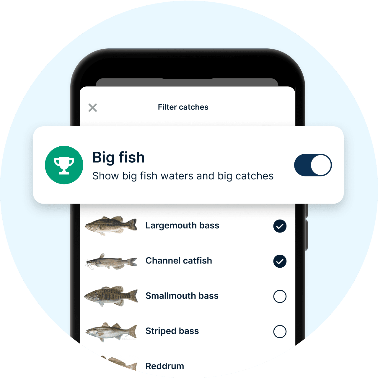 Find fishing spots with species filters and fishing reports in the Fishbrain app