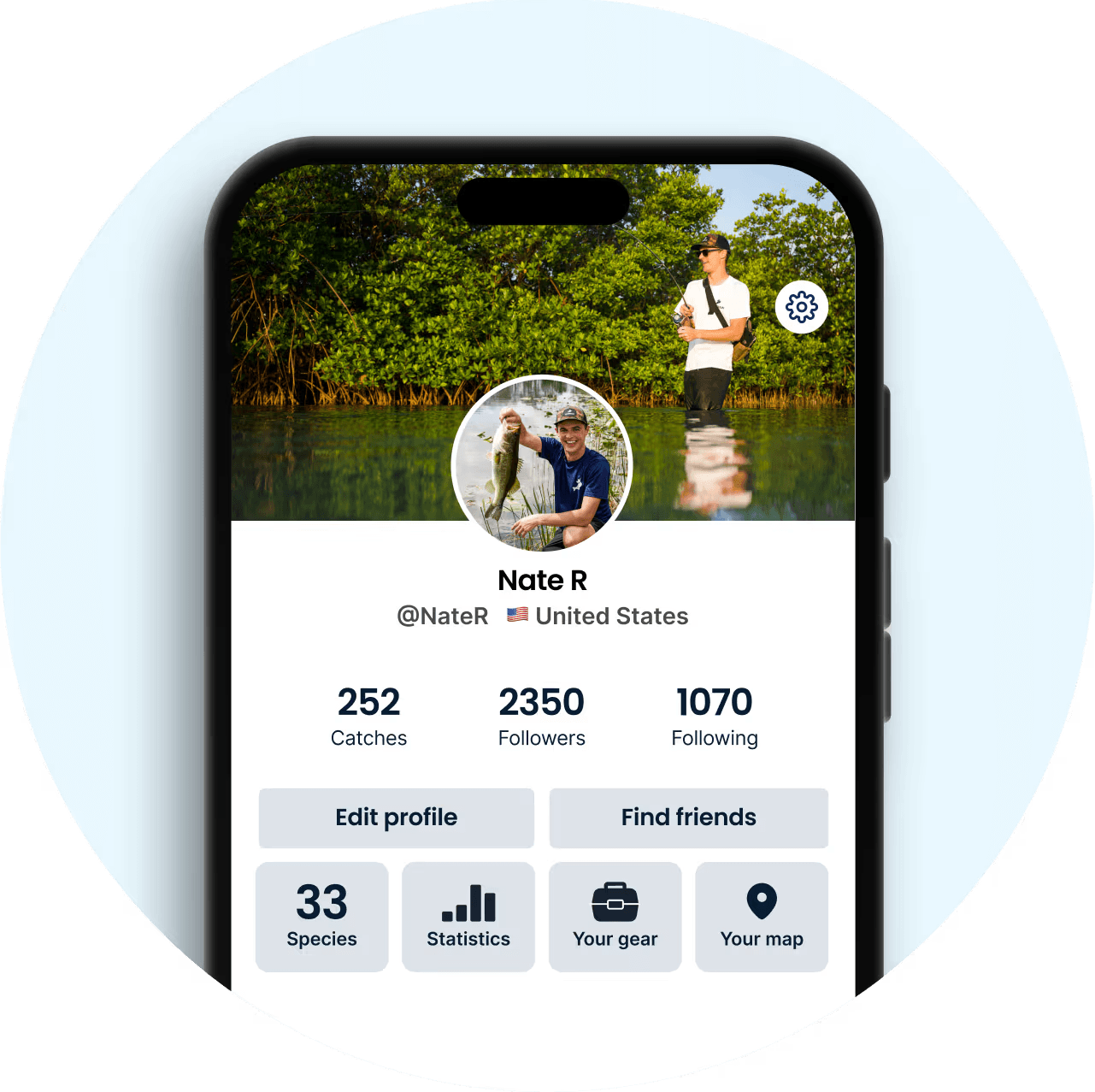 Angler profile with catches, followers and stats in the Fishbrain app