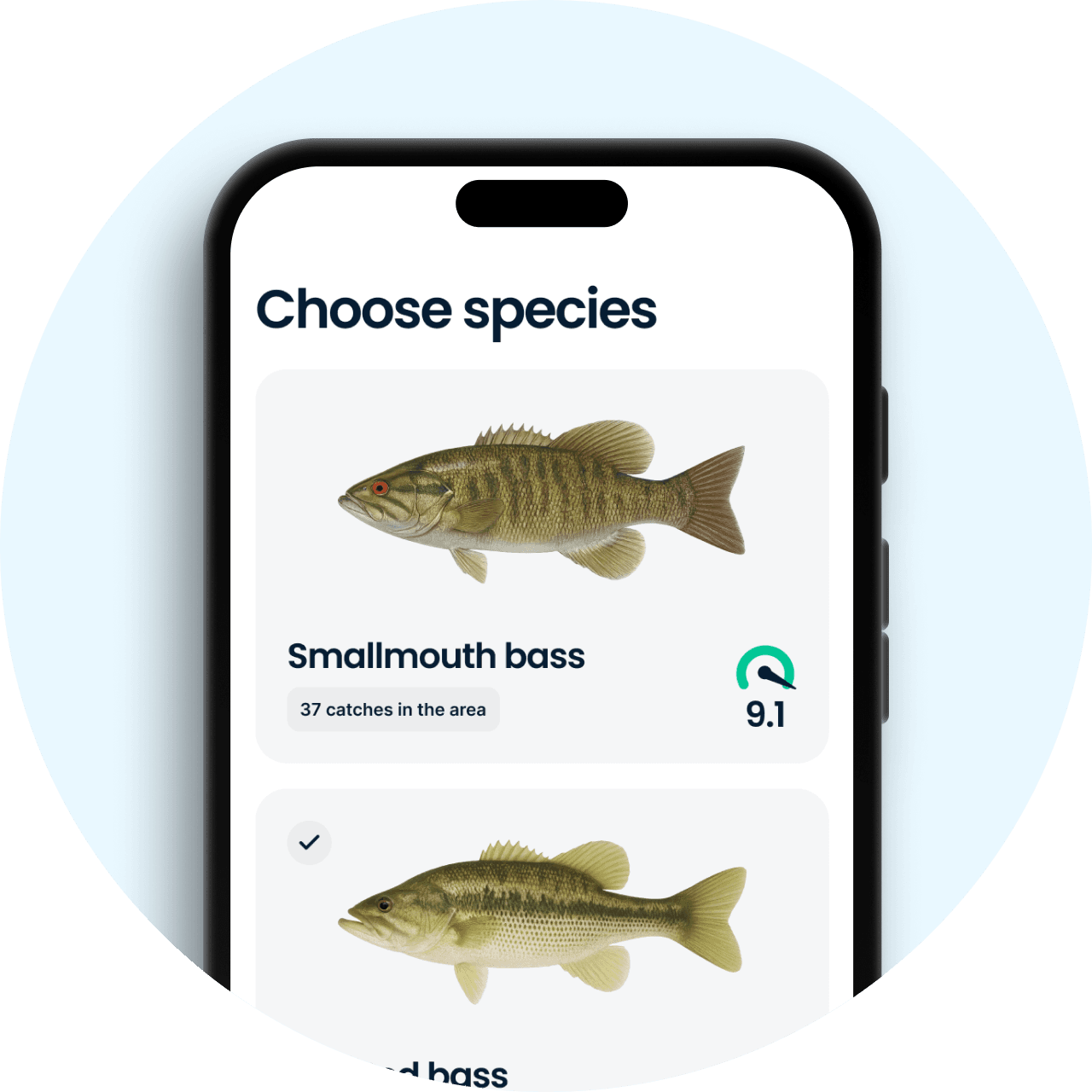 Pick a species in the Fishbrain app to see how it reacts to current conditions
