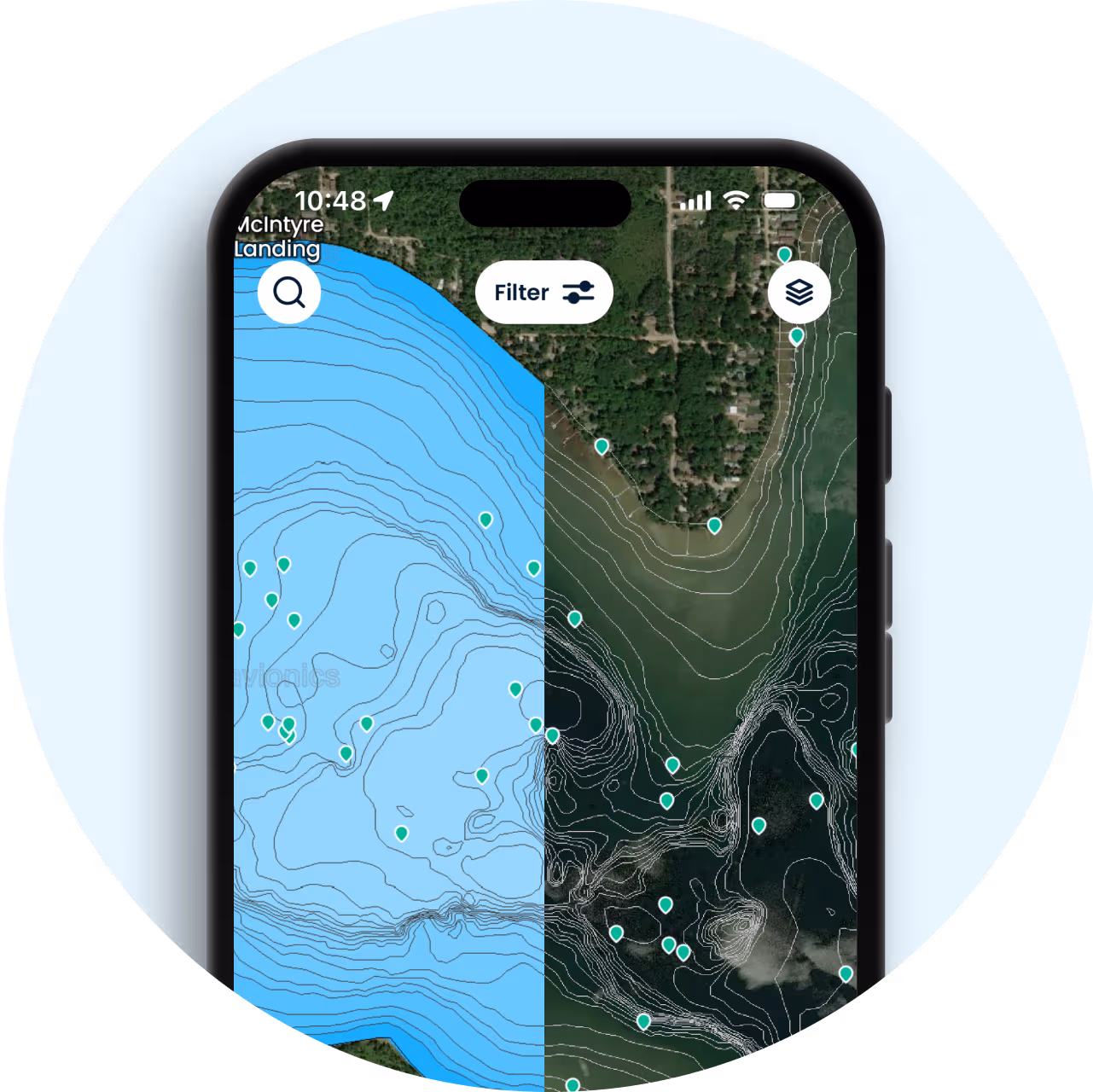 Contour lines for better fishing in the Fishbrain app