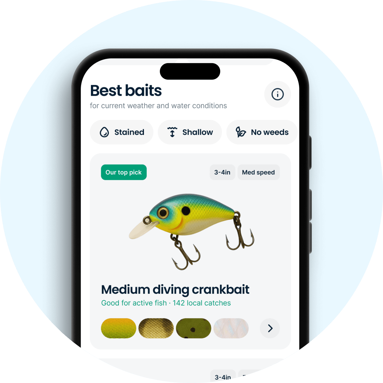 Bait, color, size, depth, and presentation suggestions in the Fishbrain app
